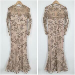 Lotus Threads Floral Illusion Gown Maxi Dress Embroidered Sheer Long Formal Nude